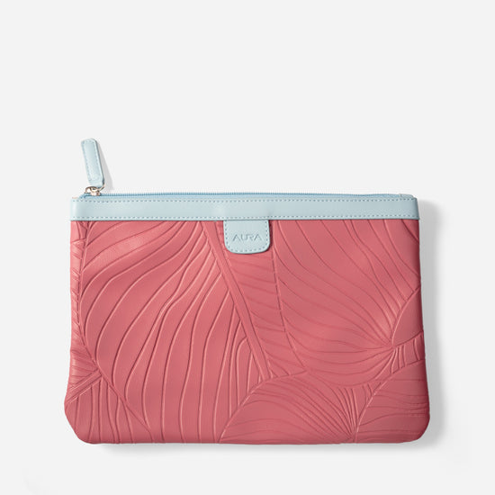 AURA Travel Pouch in Berry, leaf-embossed leather with pale blue trim