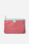 AURA Travel Pouch in Berry, leaf-embossed leather with pale blue trim