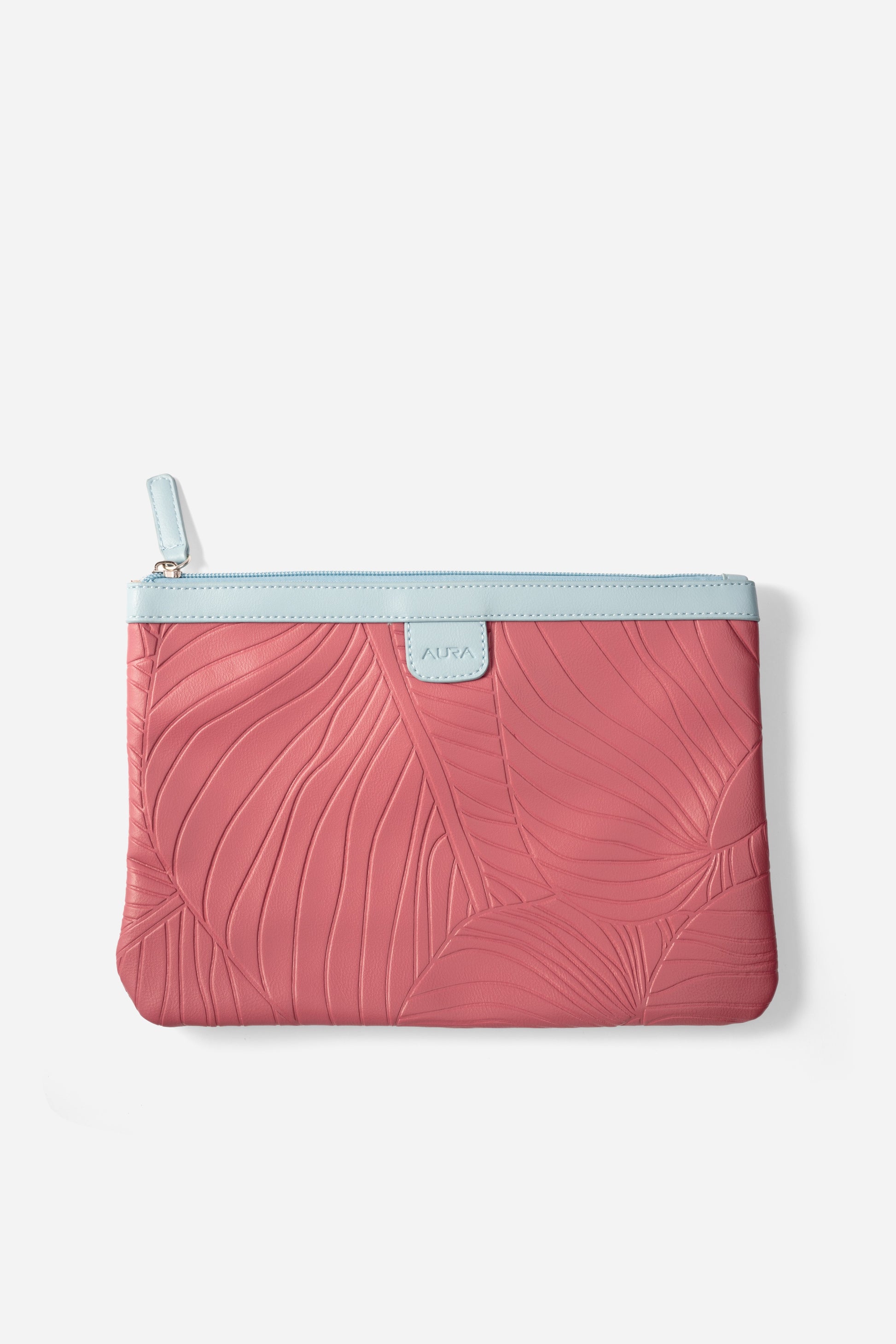 AURA Travel Pouch in Berry, leaf-embossed leather with pale blue trim