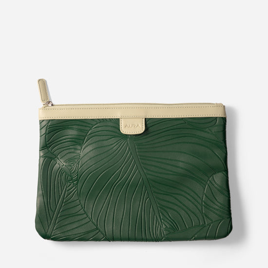 AURA Travel Pouch in Evergreen, leaf-embossed leather with cream trim