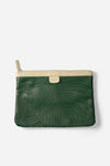 AURA Travel Pouch in Evergreen, leaf-embossed leather with cream trim