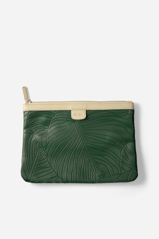 AURA Travel Pouch in Evergreen, leaf-embossed leather with cream trim