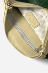 Travel Pouch in Evergreen, interior open with cream lining and silver zip