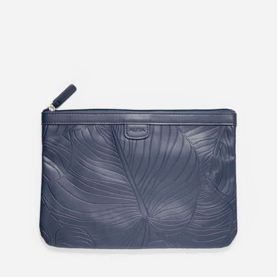 AURA Travel Pouch in Horizon Blue, leaf-embossed leather with zip pull