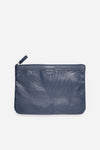 AURA Travel Pouch in Horizon Blue, leaf-embossed leather with zip pull