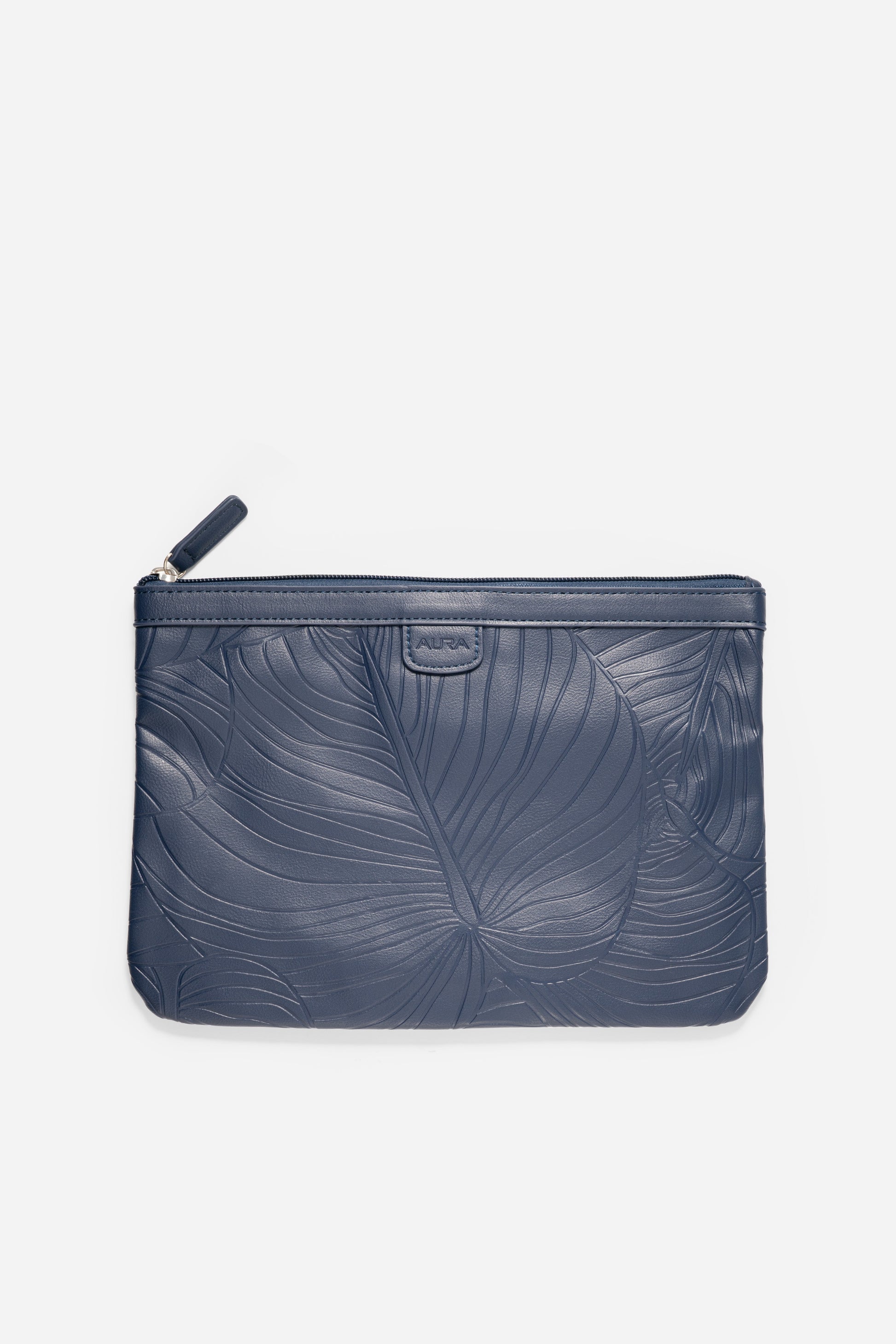 AURA Travel Pouch in Horizon Blue, leaf-embossed leather with zip pull