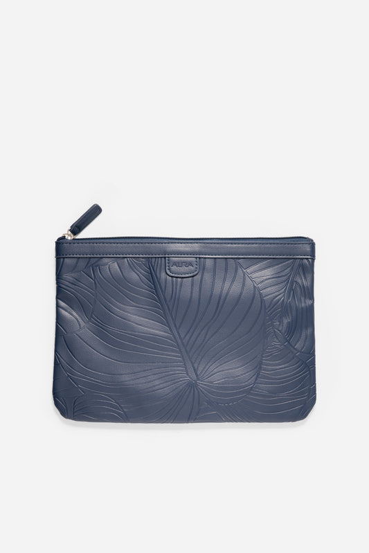 AURA Travel Pouch in Horizon Blue, leaf-embossed leather with zip pull