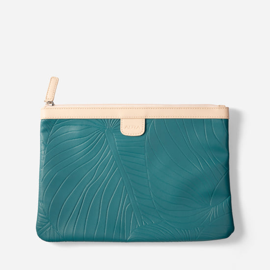 AURA Travel Pouch in Marine, leaf-embossed leather with nude trim