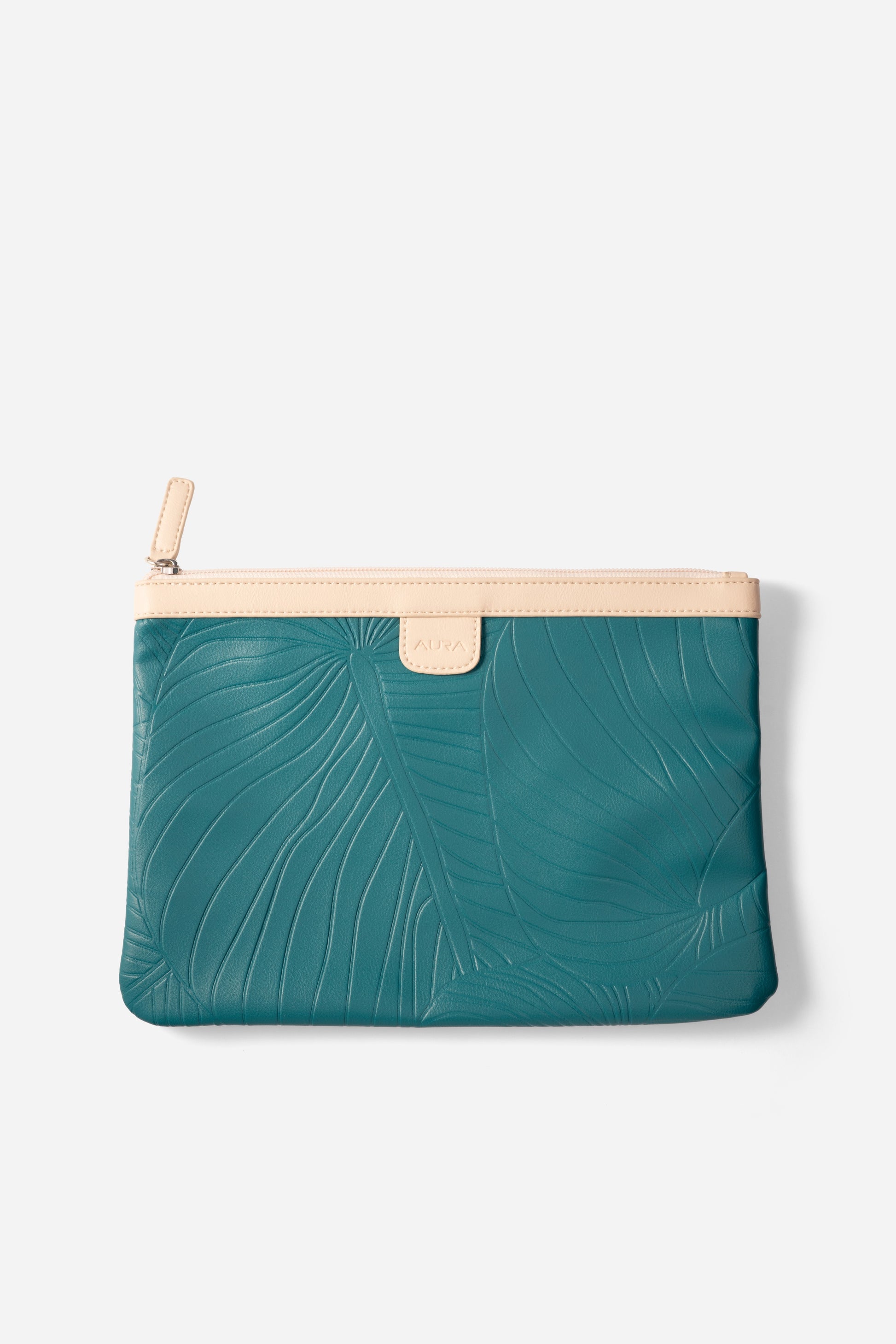AURA Travel Pouch in Marine, leaf-embossed leather with nude trim