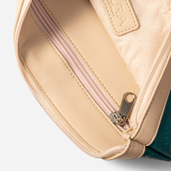 Travel Pouch in Marine, interior open with nude lining and blush zip
