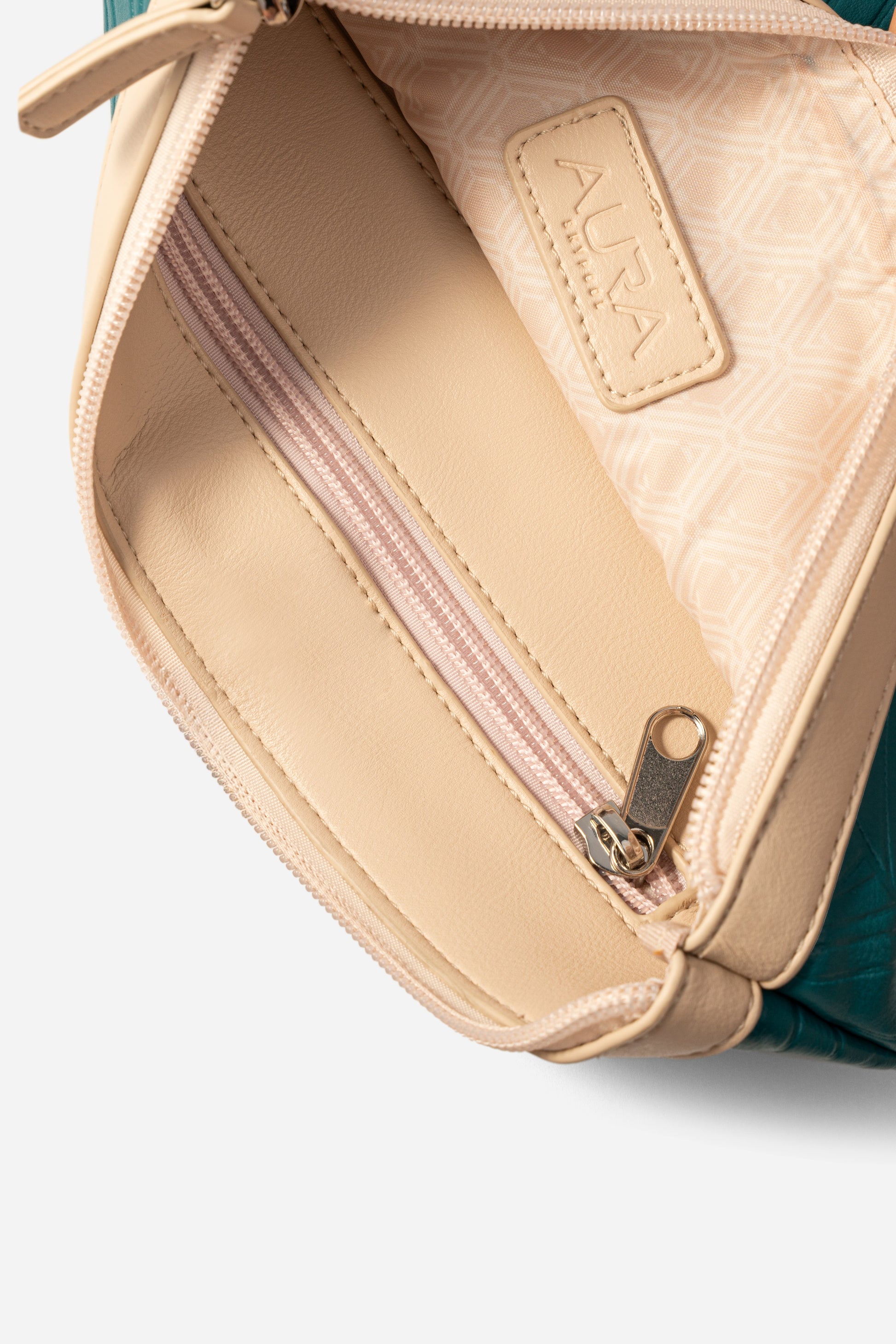 Travel Pouch in Marine, interior open with nude lining and blush zip