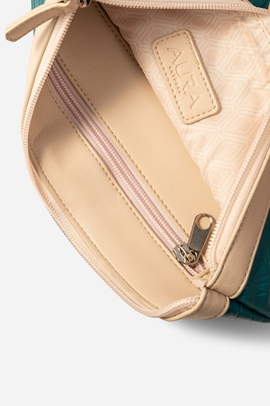 Travel Pouch in Marine, interior open with nude lining and blush zip