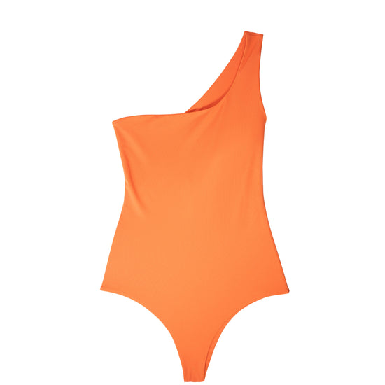 AURA Velora one-shoulder swimsuit in terracotta orange