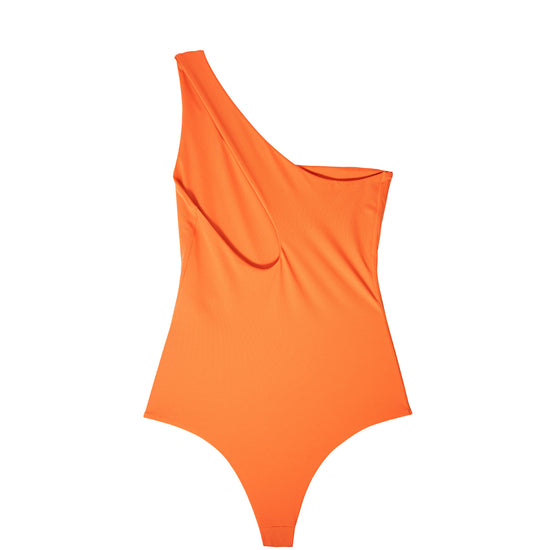 Velora terracotta orange swimsuit showing subtle side cutout detail