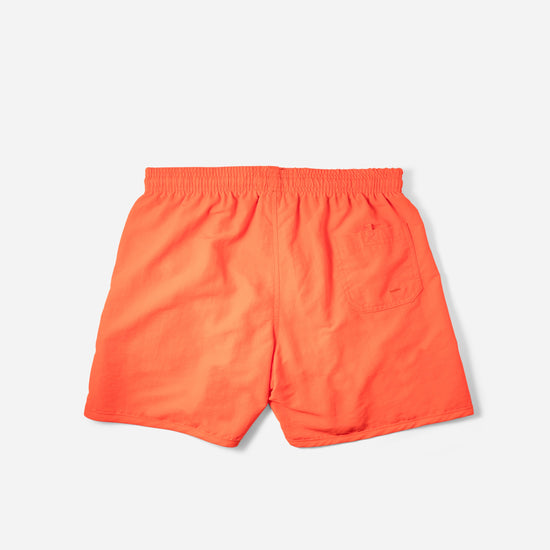 Voyager Swim Shorts in amber orange, back flat lay with pocket detail