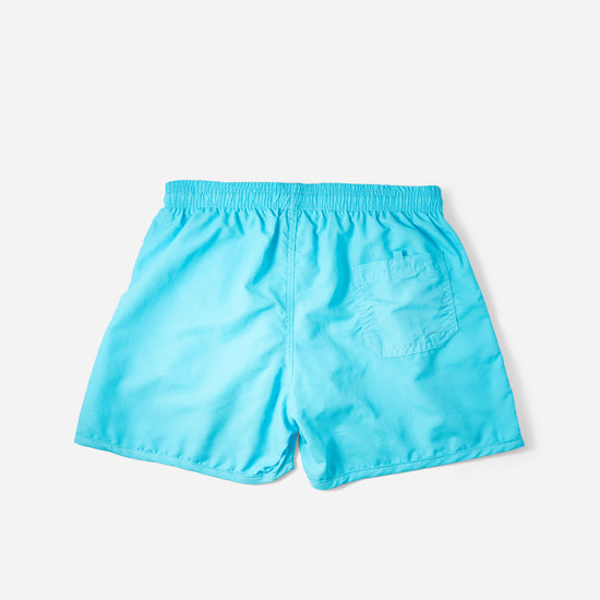 Voyager Swim Shorts in azure blue, back flat lay with pocket detail