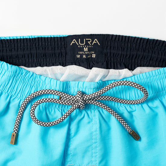 Voyager Swim Shorts in azure blue, waistband and drawstring detail