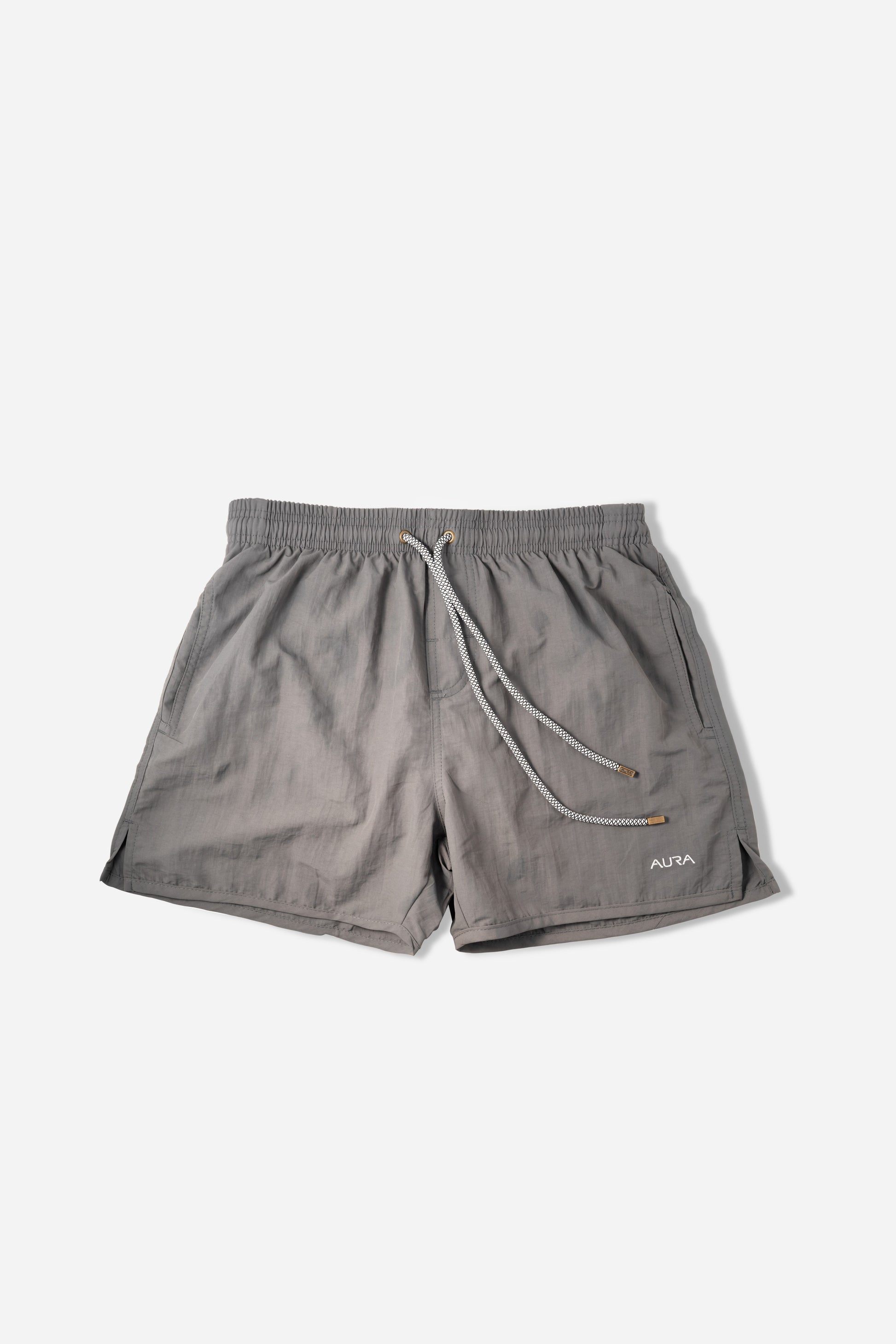 Voyager Swim Shorts in charcoal grey, front flat lay