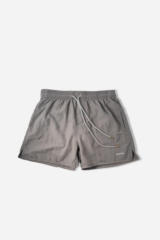 Voyager Swim Shorts in charcoal grey, front flat lay