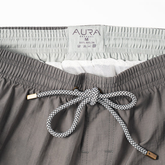 Voyager Swim Shorts in charcoal grey, waistband and drawstring detail