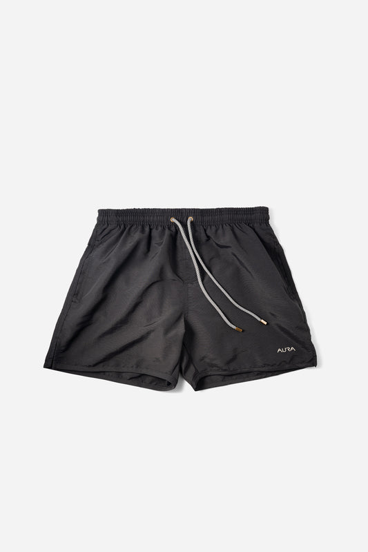 Voyager Swim Shorts in night black, front flat lay