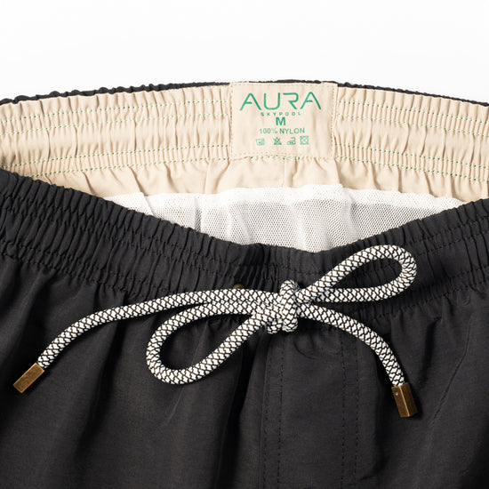 Voyager Swim Shorts in night black, waistband and drawstring detail