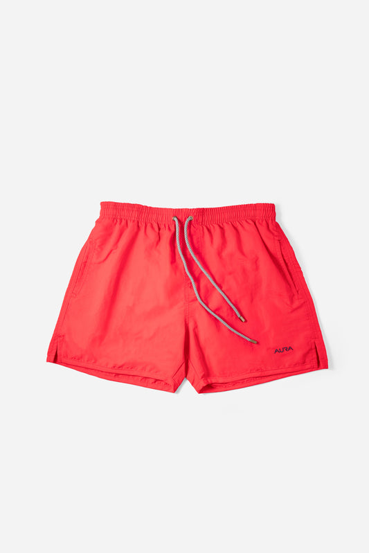 Voyager Swim Shorts in scarlet red, front flat lay