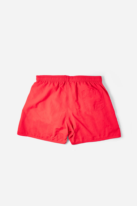 Voyager Swim Shorts in scarlet red, back flat lay with pocket detail