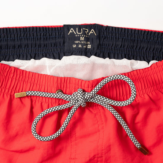 Voyager Swim Shorts in scarlet red, waistband and drawstring detail