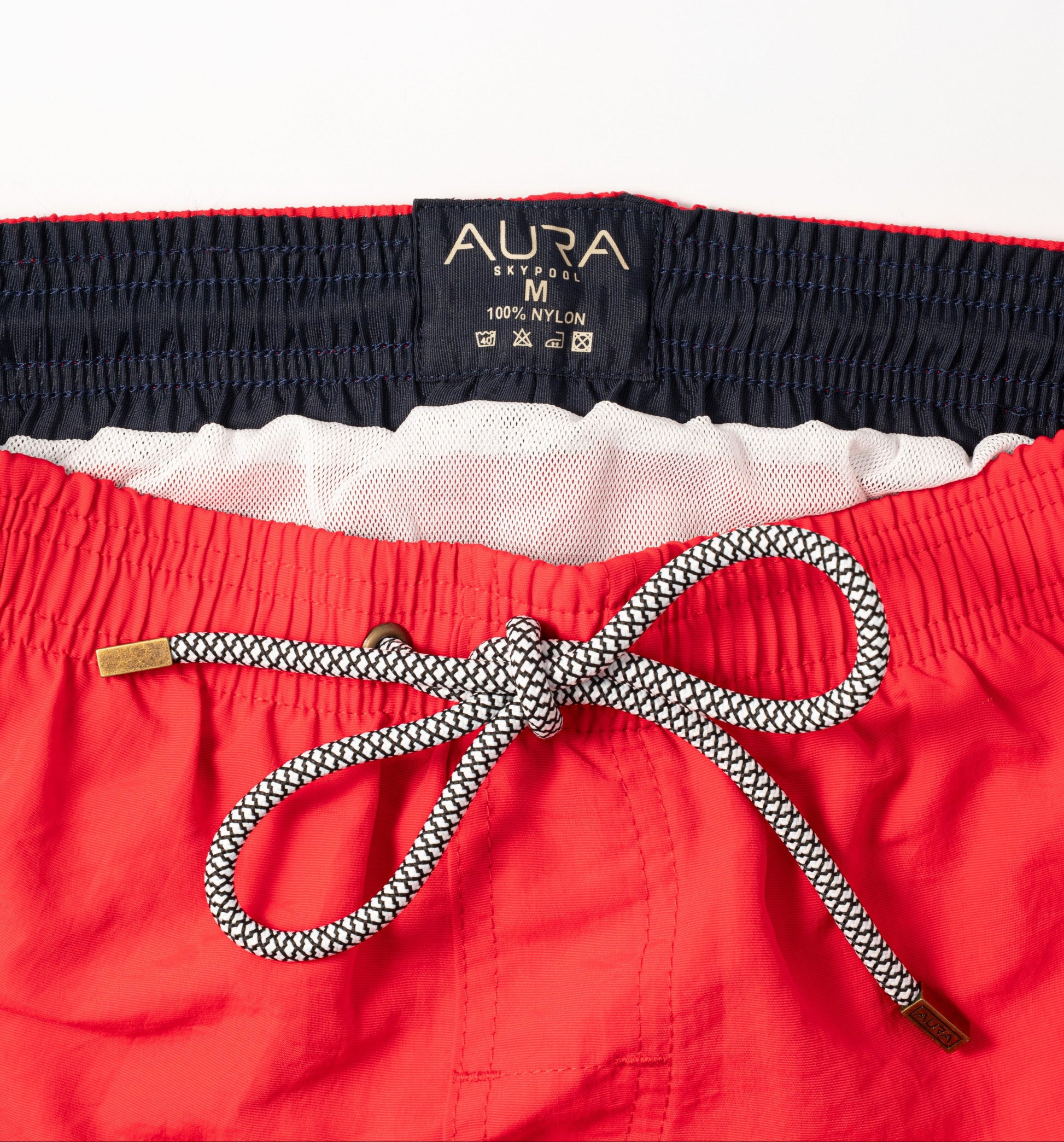 Voyager Swim Shorts in scarlet red, waistband and drawstring detail