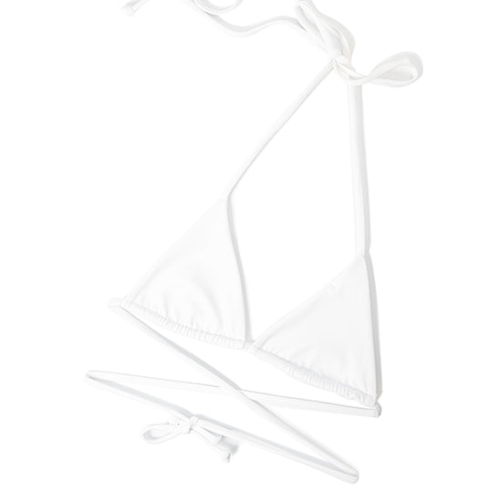 Wanderess ice white bikini top laid flat showing tie fastening