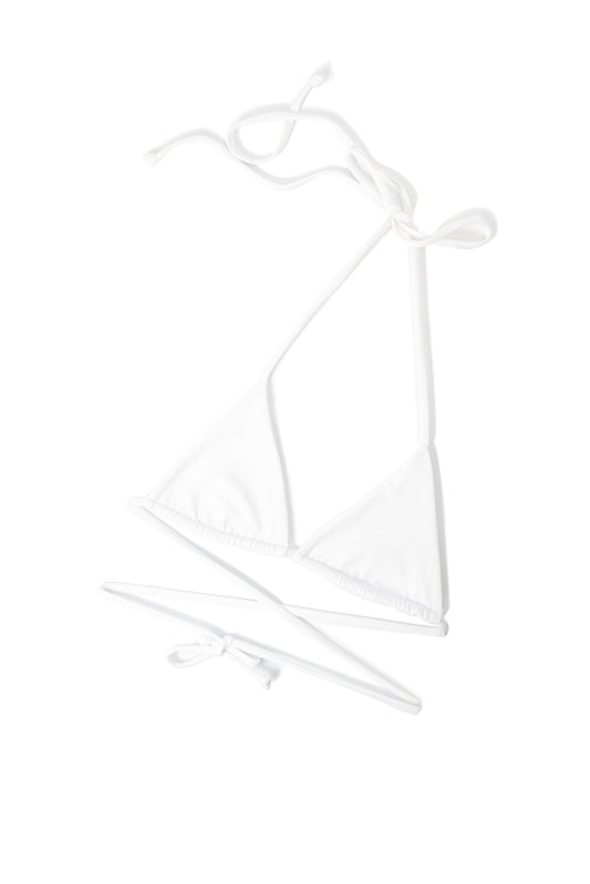 Wanderess ice white bikini top laid flat showing tie fastening