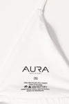 AURA Skypool care label on Wanderess bikini top, 78% recycled polyamide 22% elastane, made in Indonesia