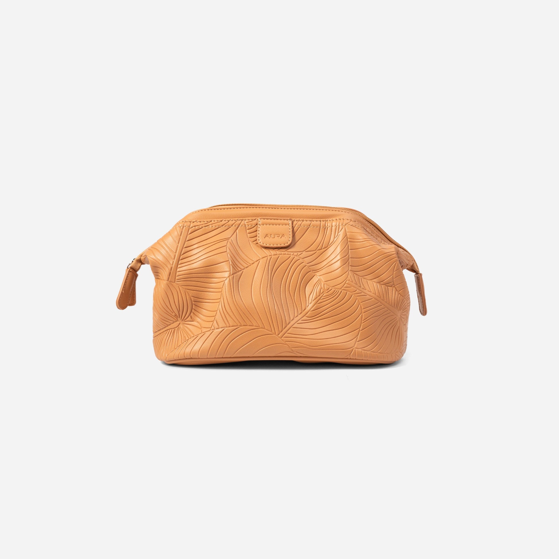 AURA wash bag in clay with leaf-embossed leather and zip pull