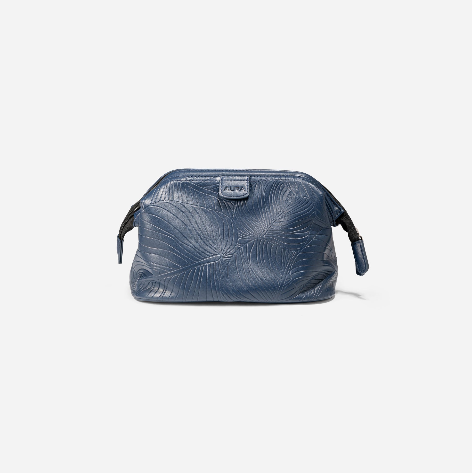 AURA wash bag in horizon blue with leaf-embossed leather and zip pull
