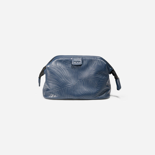 AURA wash bag in horizon blue with leaf-embossed leather and zip pull