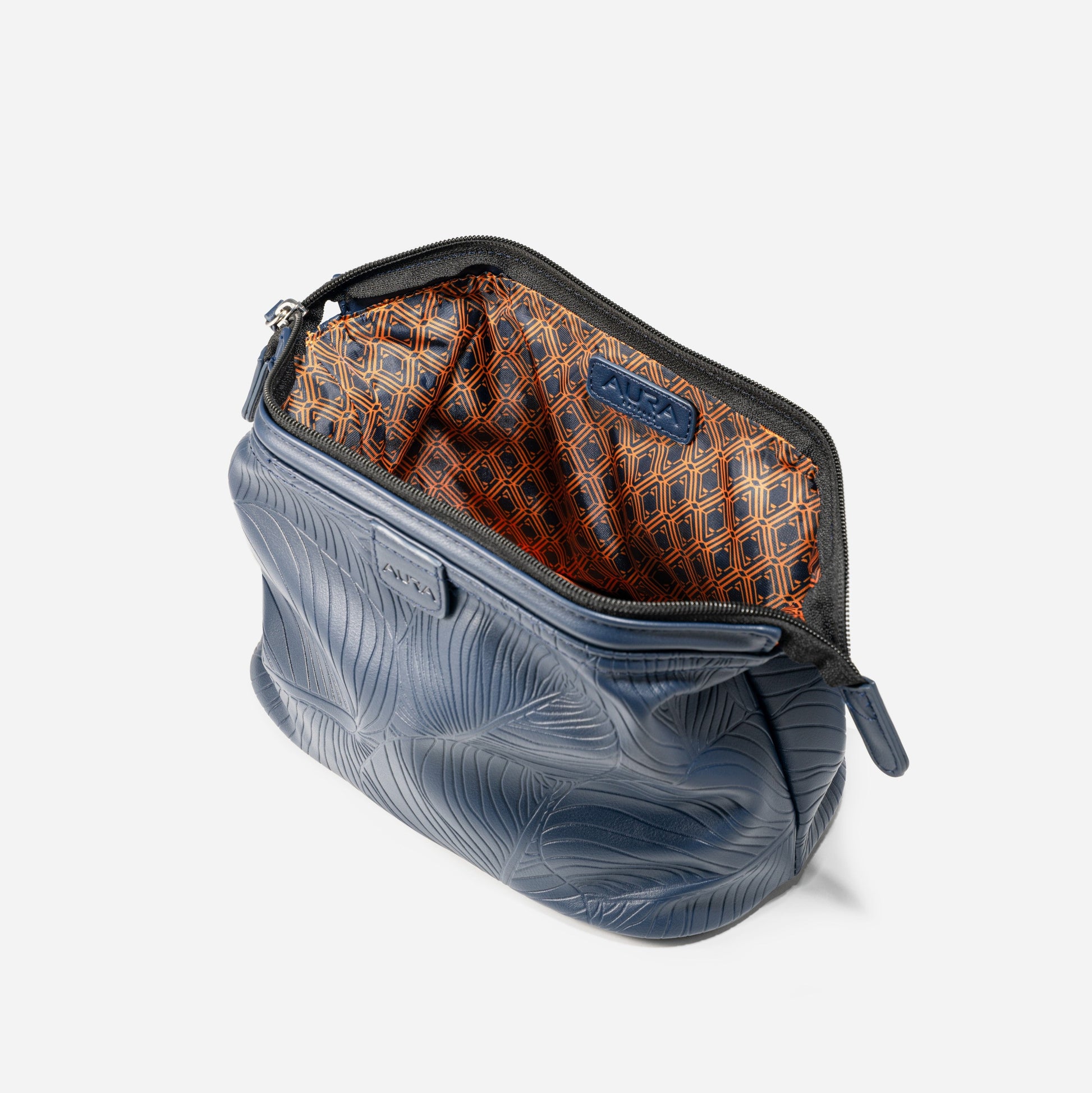 Wash bag horizon blue interior open showing rust geometric-print lining
